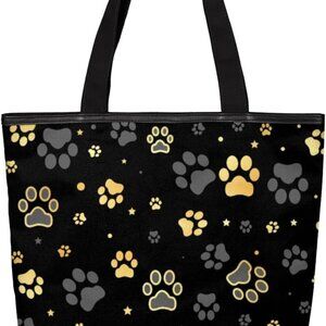 Black Paw Printed Canvas Tote Bag, Eco Friendly Cute Reusable Grocery Shopping B